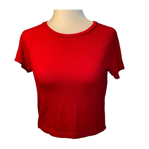 Zara Basic Picot Pointelle Cropped Tee Red Knit Short Sleeve Crewneck M - Picture 2 of 5